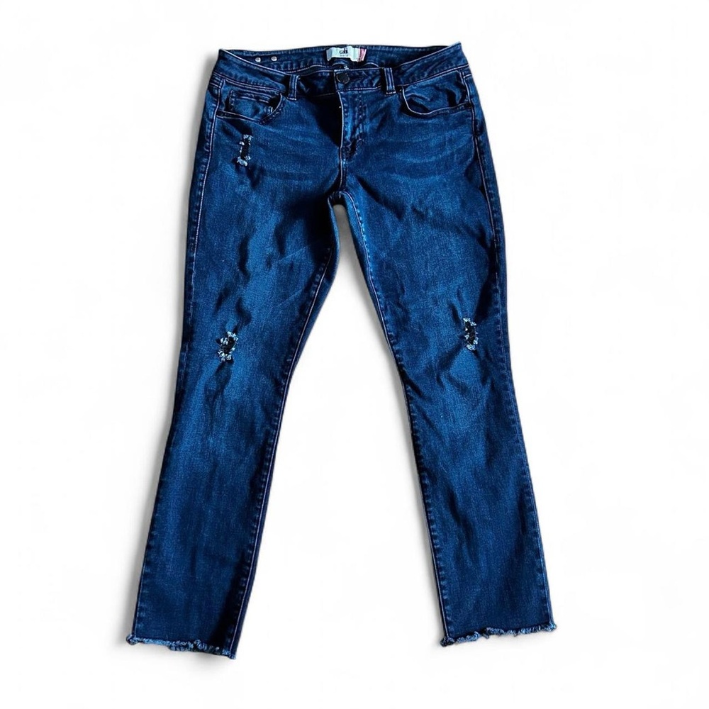 Cabi dark wash blue stretchy distressed skinny denim jeans w frayed hem Sz 8